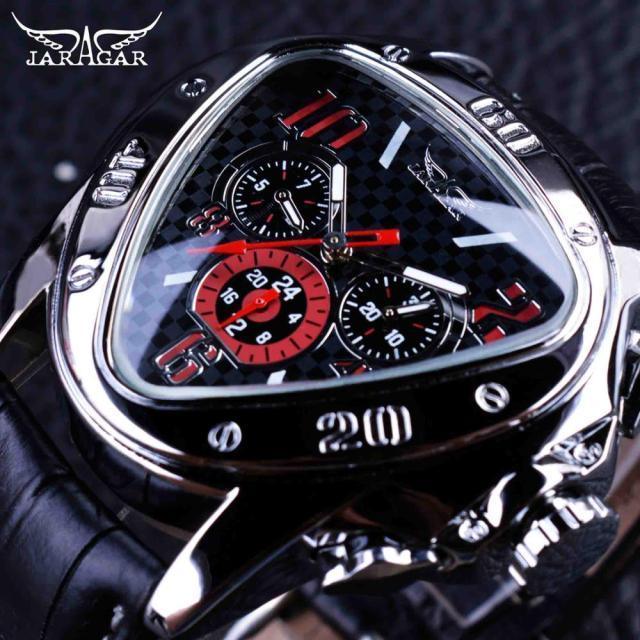 Men's sport triangle watch Stevvex with black dial, red racing subdials, leather strap on Tampa Home & Garden Store