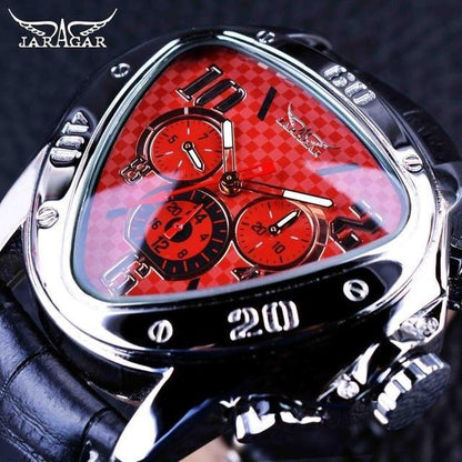 Stevvex triangle men's watch with red checkered dial, black leather strap, silver bezel on Tampa Home & Garden Store