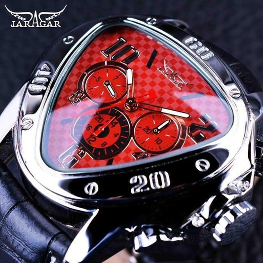 Stevvex triangle men's watch with red checkered dial, black leather strap, silver bezel on Tampa Home & Garden Store
