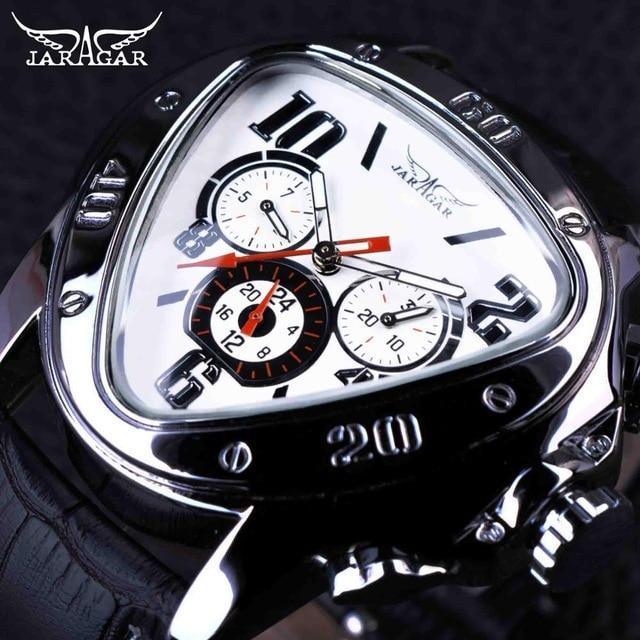 Elegant Sport Triangle Mens Watch Stevvex ST464KLEMUB2 with black leather strap and white multi-dial face on Tampa Home & Garden Store
