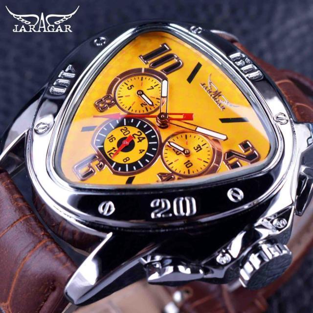 Stevvex triangle men’s sport watch with yellow dial, subdials, brown leather strap on Tampa Home & Garden Store