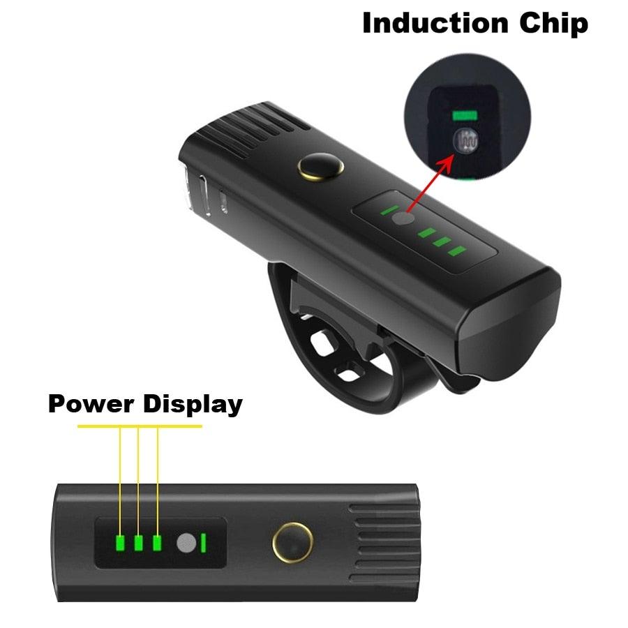 Stevvex black induction bike light set front rear USB headlights power display waterproof on Tampa Home & Garden Store