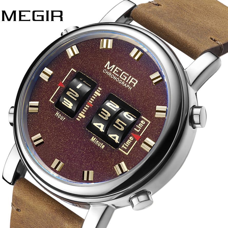 MEGIR chrono watch burgundy dial, gold-tone markers, brown leather strap and date display on Tampa Home & Garden Store