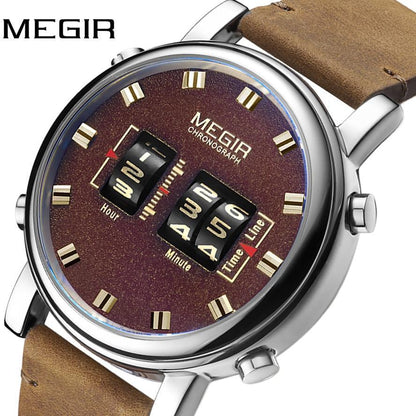 MEGIR chrono watch burgundy dial, gold-tone markers, brown leather strap and date display on Tampa Home & Garden Store