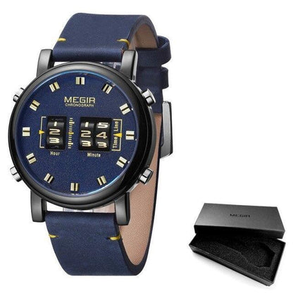 Men's MEGIB chronograph watch with blue dial and navy leather strap on Tampa Home & Garden Store