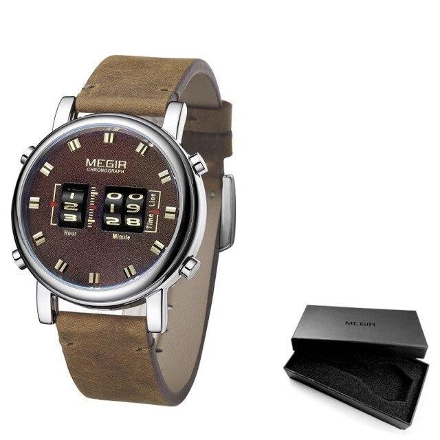 Military-style chronograph watch with brown leather strap and steel case MEGIR on Tampa Home & Garden Store