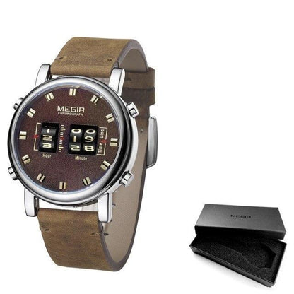 Military-style chronograph watch with brown leather strap and steel case MEGIR on Tampa Home & Garden Store