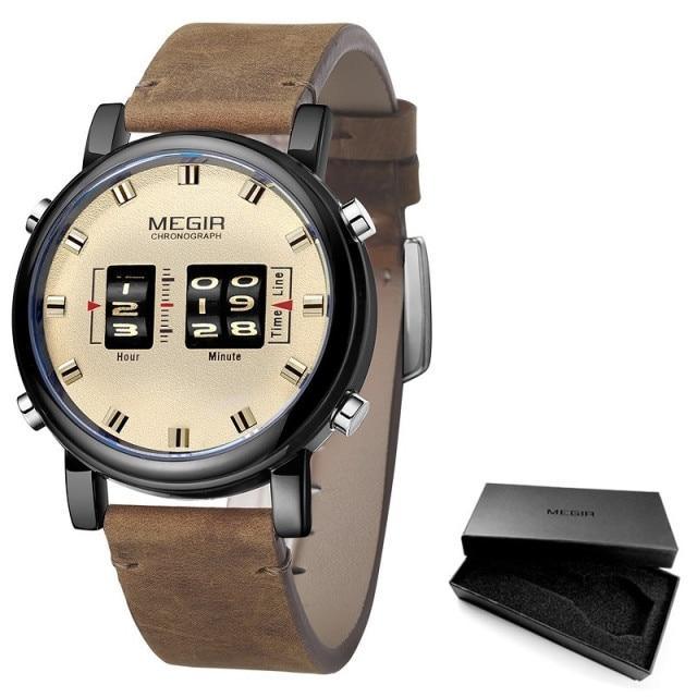 Megir chronograph wristwatch with brown leather strap, beige dial and black bezel on Tampa Home & Garden Store