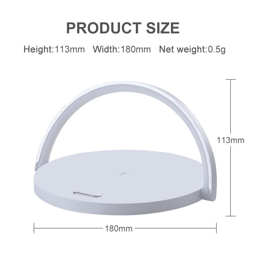 Stevvex wireless charger LED night light desk lamp white with circular base and curved arch on Tampa Home & Garden Store