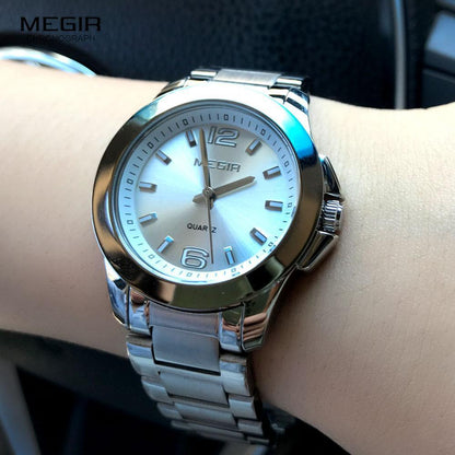 Megir stainless steel quartz wristwatch with silver dial on women's wrist on Tampa Home & Garden Store