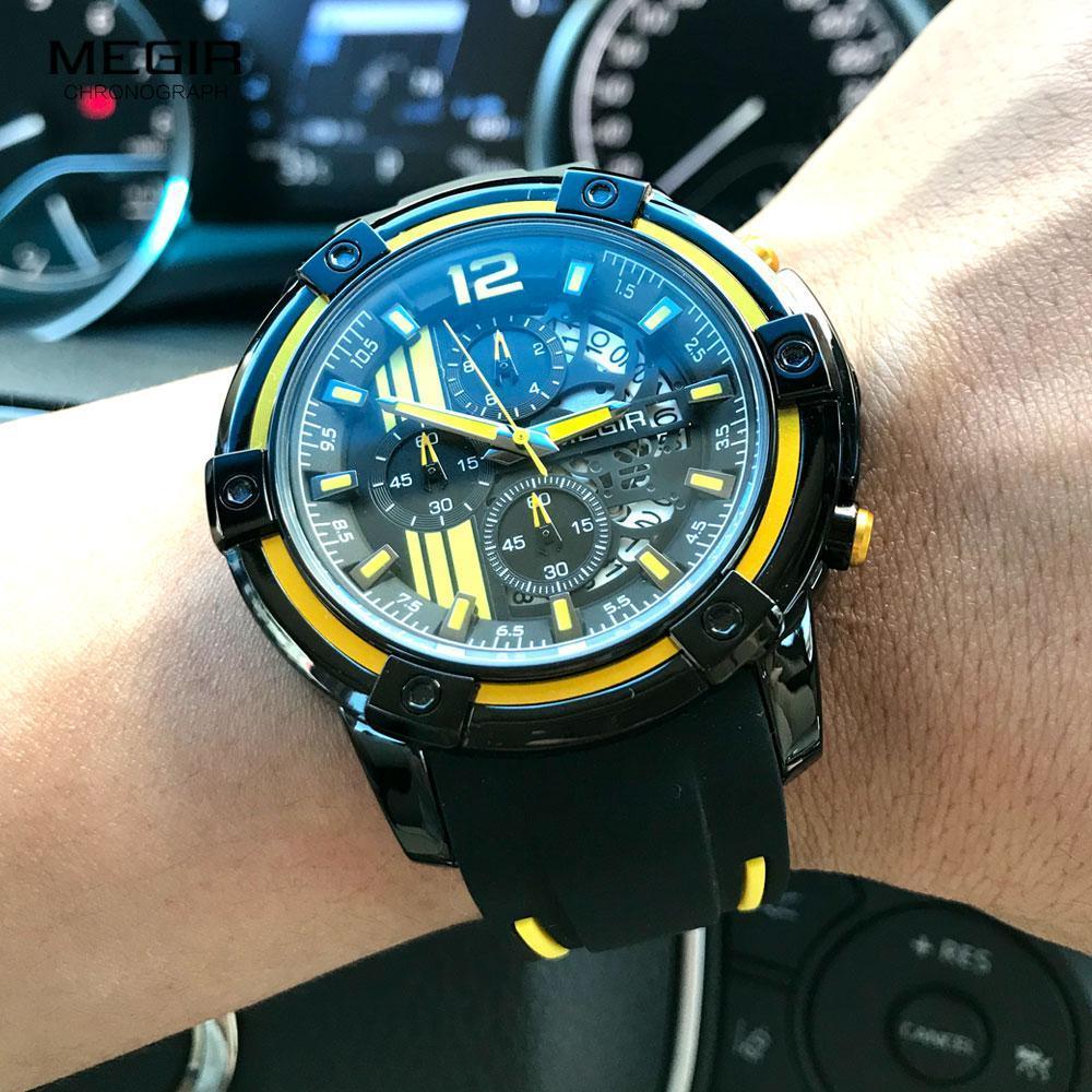 Stevvex men's black quartz chronograph watch with yellow accents, silicone strap on Tampa Home & Garden Store