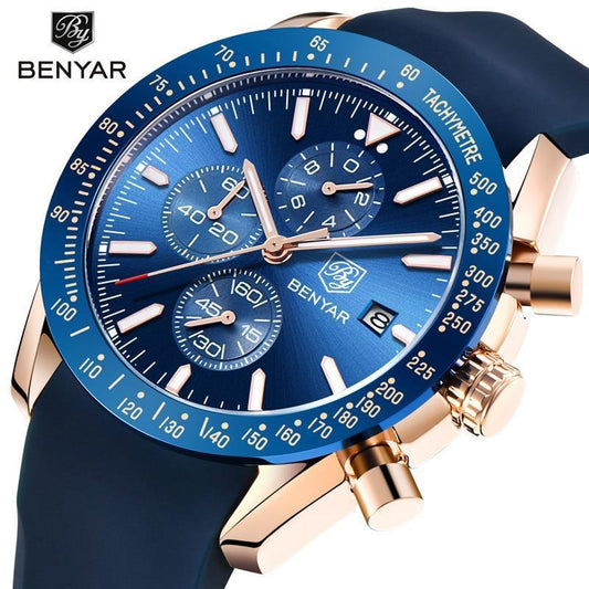 Benyar blue dial men's chronograph watch with rose gold case and strap tachymeter bezel on Tampa Home & Garden Store