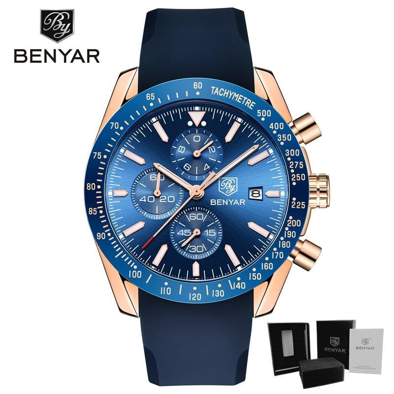 Men's blue chronograph watch with silicone strap, rose gold case, tachymeter, date BENYAR on Tampa Home & Garden Store
