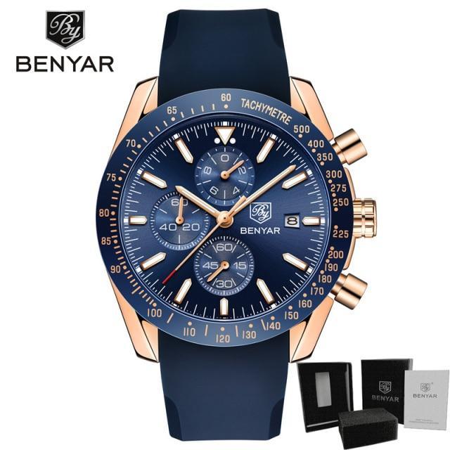 Men's blue chronograph watch with silicone strap and rose gold case by BENYAR Stevvex tachymeter on Tampa Home & Garden Store