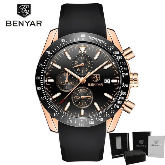 BenYar men's chronograph watch with black dial, rose-gold case and silicone strap on Tampa Home & Garden Store