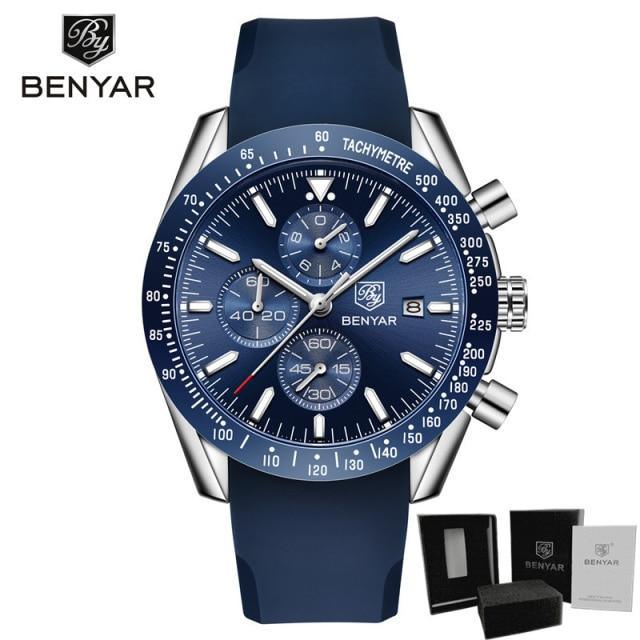 Blue silicone-band men's chronograph watch with tachymeter bezel and BENYAR logo, box on Tampa Home & Garden Store