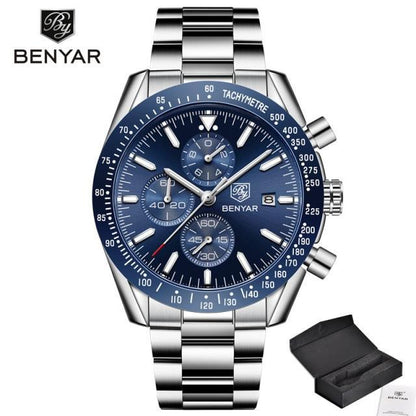 Men's blue dial chronograph watch with stainless steel bracelet and tachymeter bezel Benyar on Tampa Home & Garden Store