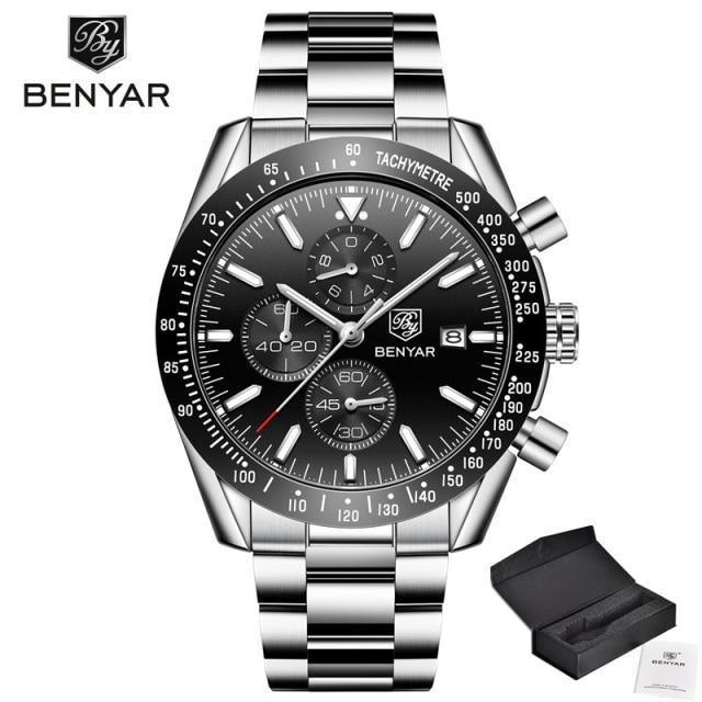 Benyar chronograph watch for men, black dial, tachymeter bezel, stainless steel bracelet, box on Tampa Home & Garden Store