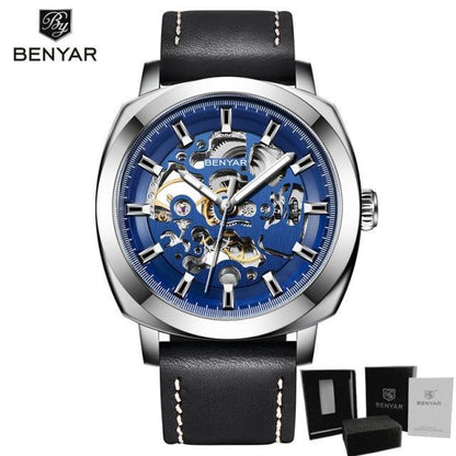 Benyar men's skeleton automatic watch with blue dial, stainless steel case, black leather strap on Tampa Home & Garden Store