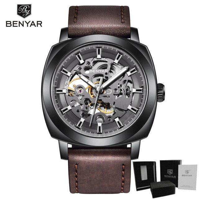 Stevvex ST335MERHE11 skeleton automatic men's watch with metal case and brown leather strap on Tampa Home & Garden Store