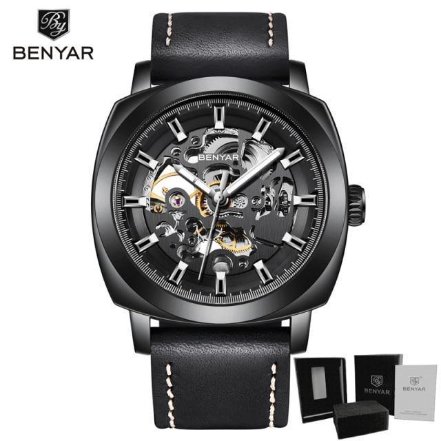 Men's skeleton mechanical watch by Benyar, black case, gears visible, black leather strap on Tampa Home & Garden Store