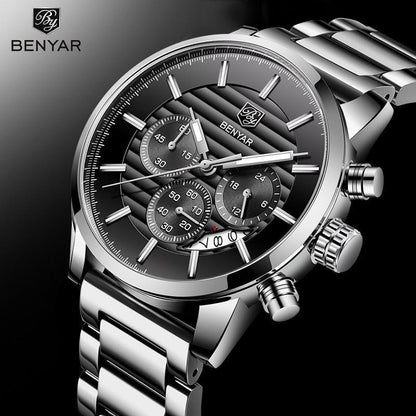 Stainless steel chronograph watch with BENYAR branding, black textured dial, three subdials on Tampa Home & Garden Store