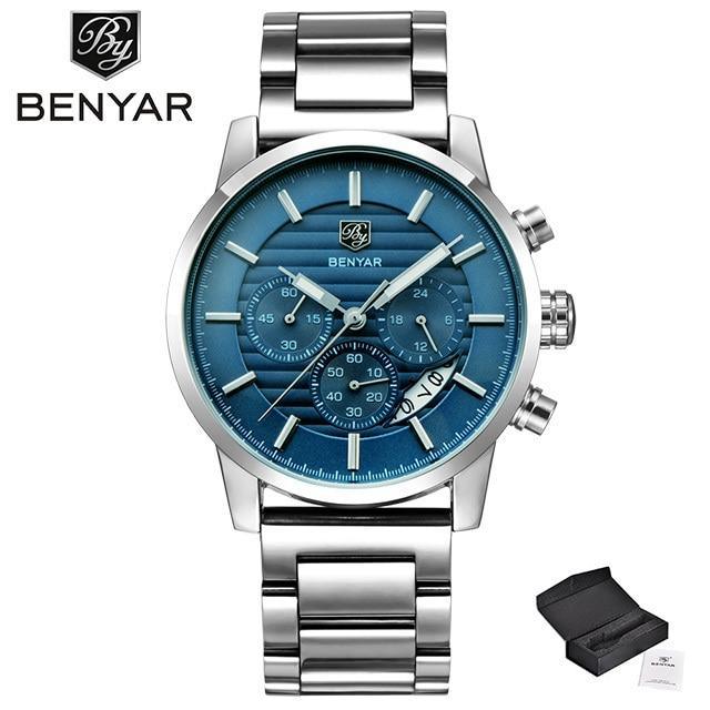 Men's luxury steel sport watch with blue dial and steel bracelet, BENYAR logo ST583JONULS2 on Tampa Home & Garden Store