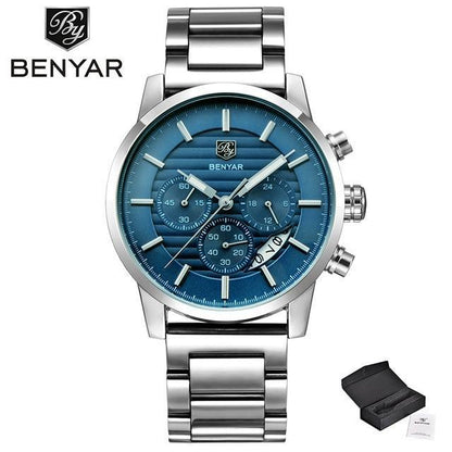 Men's luxury steel sport watch with blue dial and steel bracelet, BENYAR logo ST583JONULS2 on Tampa Home & Garden Store
