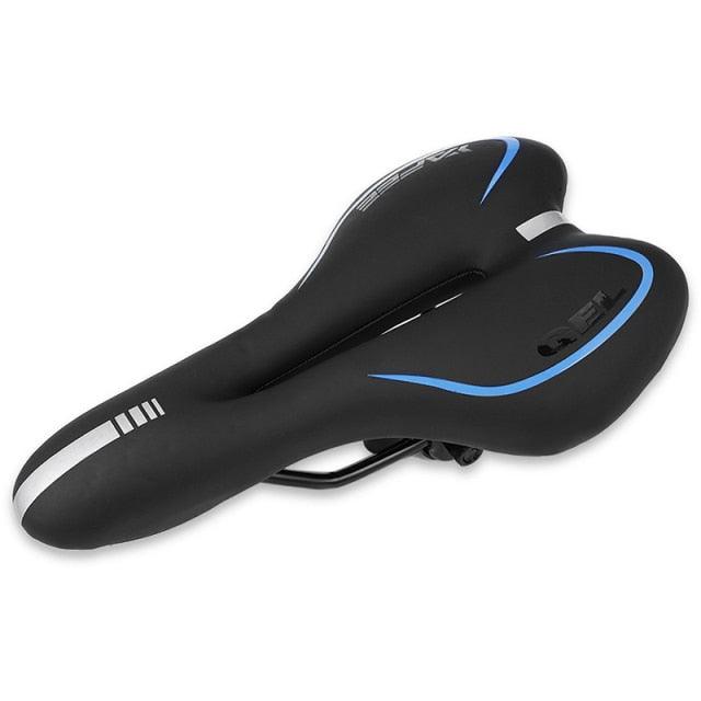Bicycle saddle with breathable silicone cushion, black PU leather surface and blue accents on Tampa Home & Garden Store