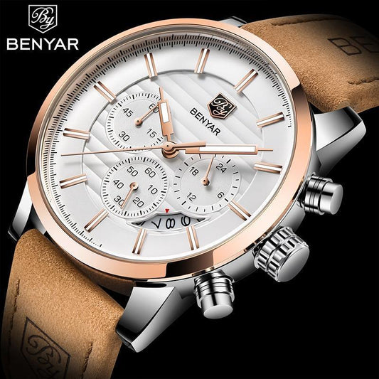 Men's luxury chronograph watch BENYAR with white dial, rose gold bezel, tan leather strap on Tampa Home & Garden Store