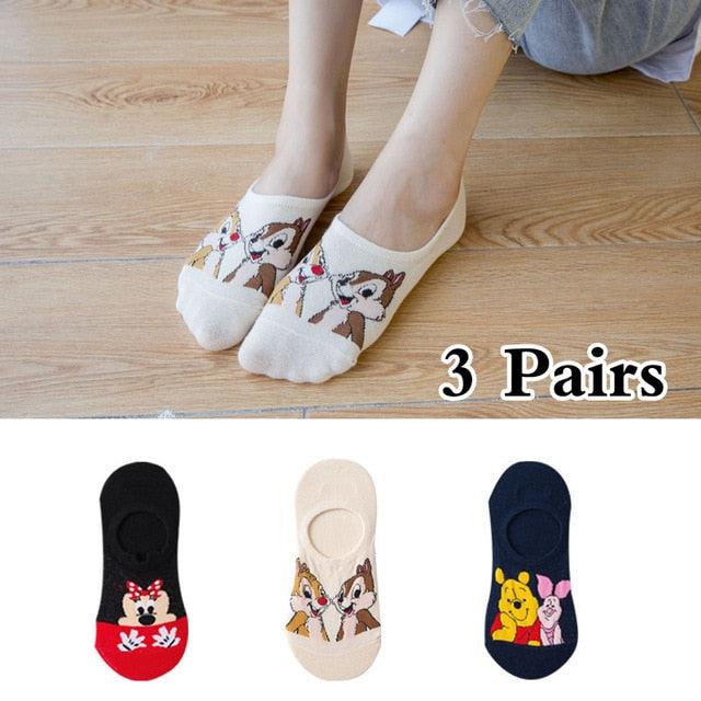 Stevvex 3-pair cotton ankle socks with cartoon bear and mouse, black beige navy for women on Tampa Home & Garden Store