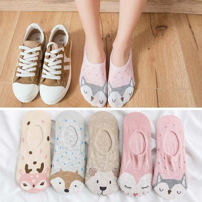 Stevvex 5-pair cotton ankle socks with cartoon animal faces for women beige pink gray on Tampa Home & Garden Store