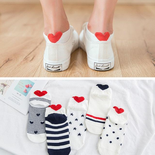 Stevvex ankle socks 5-pair set for women, white with red heart back accents and striped patterns on Tampa Home & Garden Store