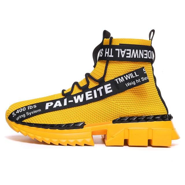 Stevvex mens yellow knit high-top sneaker with black strap and chunky non-slip sole on Tampa Home & Garden Store
