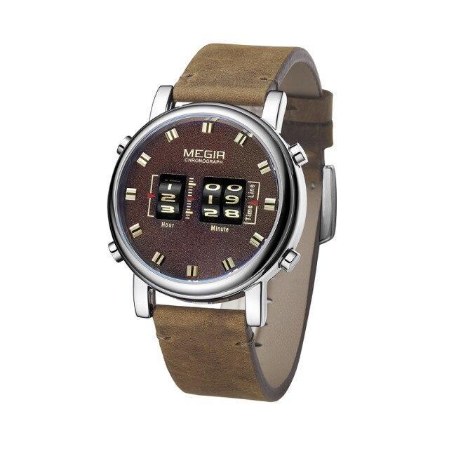 New Military Sport Watch with brown leather strap and MEGIR chronograph roller date display on dial on Tampa Home & Garden Store