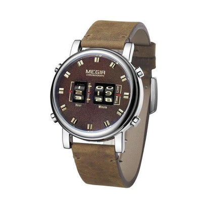 New Military Sport Watch with brown leather strap and MEGIR chronograph roller date display on dial on Tampa Home & Garden Store