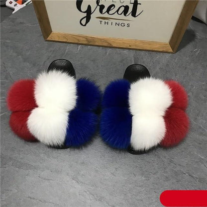 Women Fluffy Faux Fur Slides by Stevvex, multicolor red white blue plush fur straps slippers on Tampa Home & Garden Store