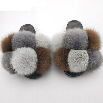 Women Fluffy Faux Fur Slides Stevvex, pair of multi-color gray brown fur pom slippers on Tampa Home & Garden Store