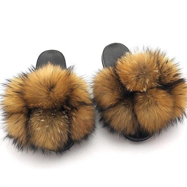 Women fluffy faux fur slides by Stevvex, tan brown plush pom-pom slippers pair on Tampa Home & Garden Store