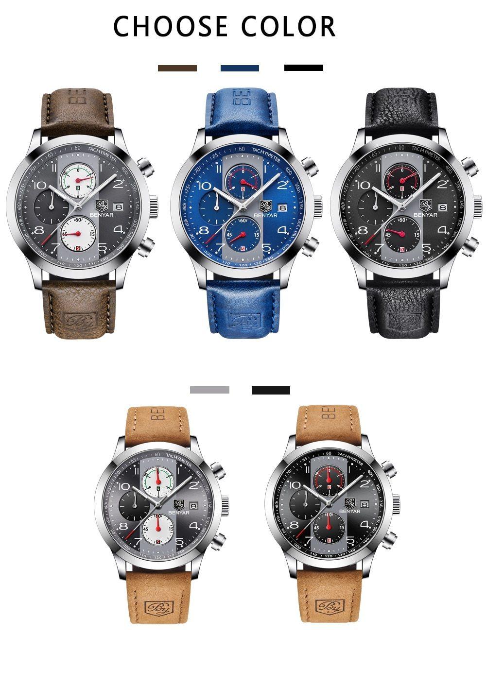Stevvex sport watches with brown blue black leather straps; BENYAR dial and chronographs on Tampa Home & Garden Store