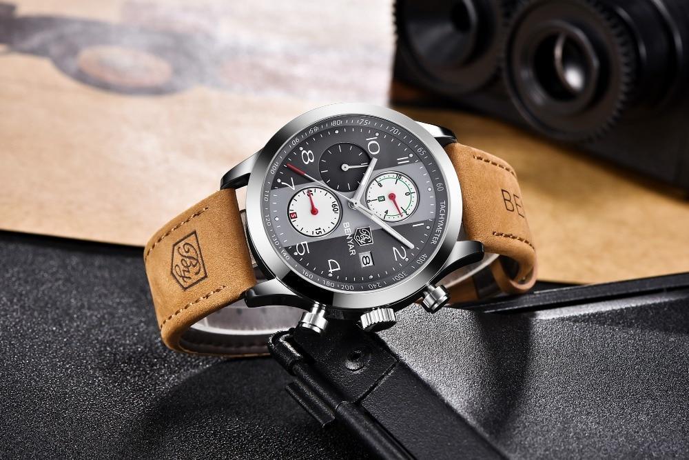 Stevvex men's sport wrist watch with black dial and tan leather strap on Tampa Home & Garden Store