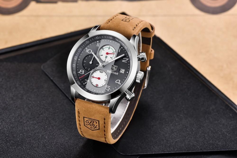 Stevvex sport watch with brown leather strap, stainless steel case, BENYAR logo on dial on Tampa Home & Garden Store