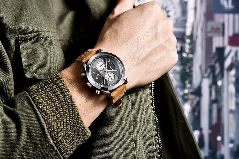 Luxury men's sport wrist watch Stevvex ST552MOJIL44, brown leather strap, black dial on Tampa Home & Garden Store