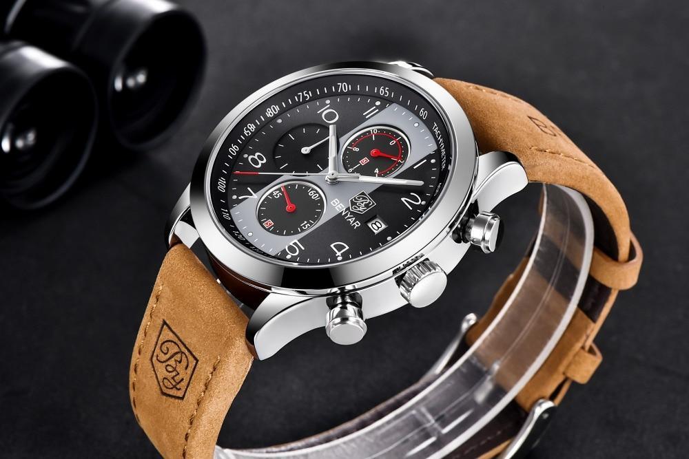 Stevvex men's sport watch with silver case, black dial, chronograph, tan leather strap on Tampa Home & Garden Store
