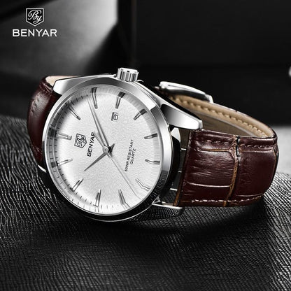 Men's leather fashion sport watch by BENYAR with brown strap, silver case, white dial on Tampa Home & Garden Store