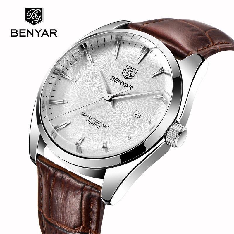 Benyar men's leather watch with silver case white textured dial brown leather strap date window on Tampa Home & Garden Store