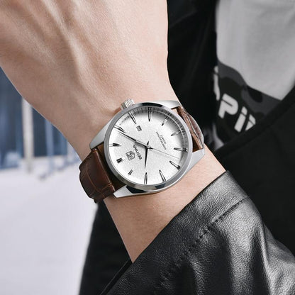 Stevvex brown leather strap quartz analog watch, silver case, white textured dial on Tampa Home & Garden Store