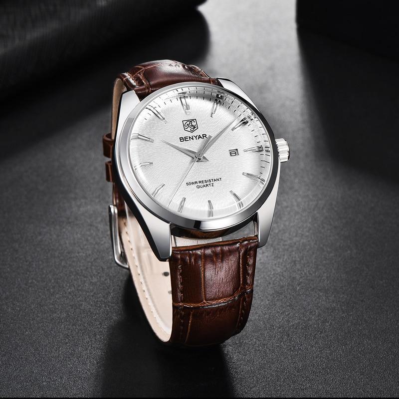 Leather men's watch with brown strap, silver dial, BENYAR quartz, date window, 50m water resistant on Tampa Home & Garden Store