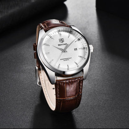 Leather men's watch with brown strap, silver dial, BENYAR quartz, date window, 50m water resistant on Tampa Home & Garden Store
