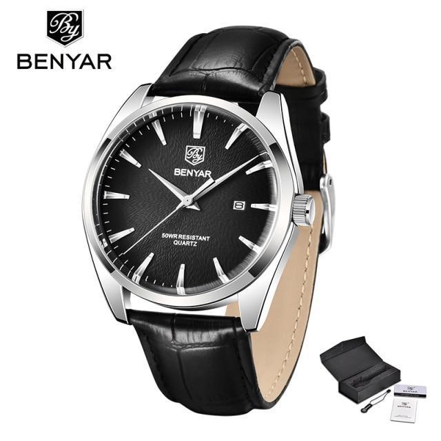 Men's leather strap watch with black dial, silver case, date window, BENYAR quartz on Tampa Home & Garden Store